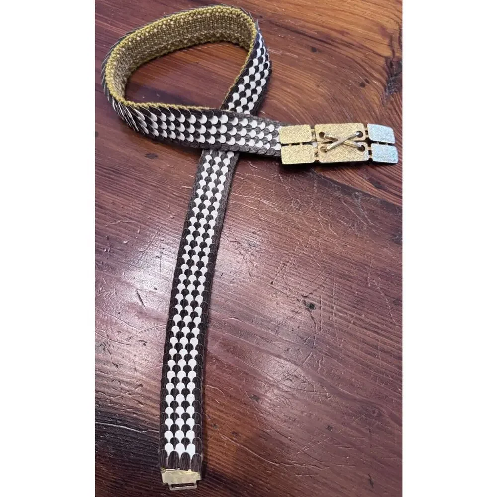 Vintage Art Deco Gold Metallic Fish Scale Elastic Glam Stretchy Belt - Picture 7 of 10